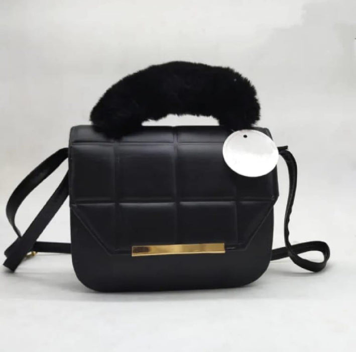 Trendy Quilted Crossbody Handbag with Faux Fur Handle