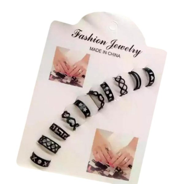 Set of 10 Stylish Adjustable Fashion Rings – Silver & Black Variants