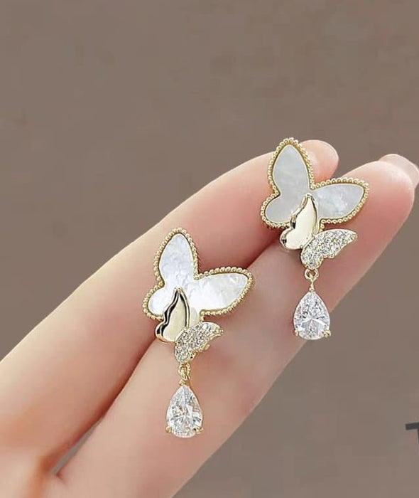 Elegant Double Butterfly Drop Earrings – Gold & White with Sparkling Teardrop Crystals
